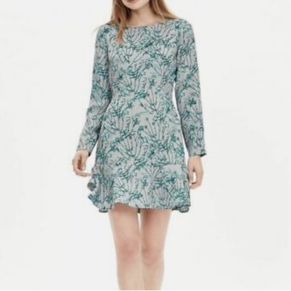 Banana Republic Mini Dress Long Sleeve Ruffle Hem Fit And Flare Grey Blue Print - Picture 1 of 13